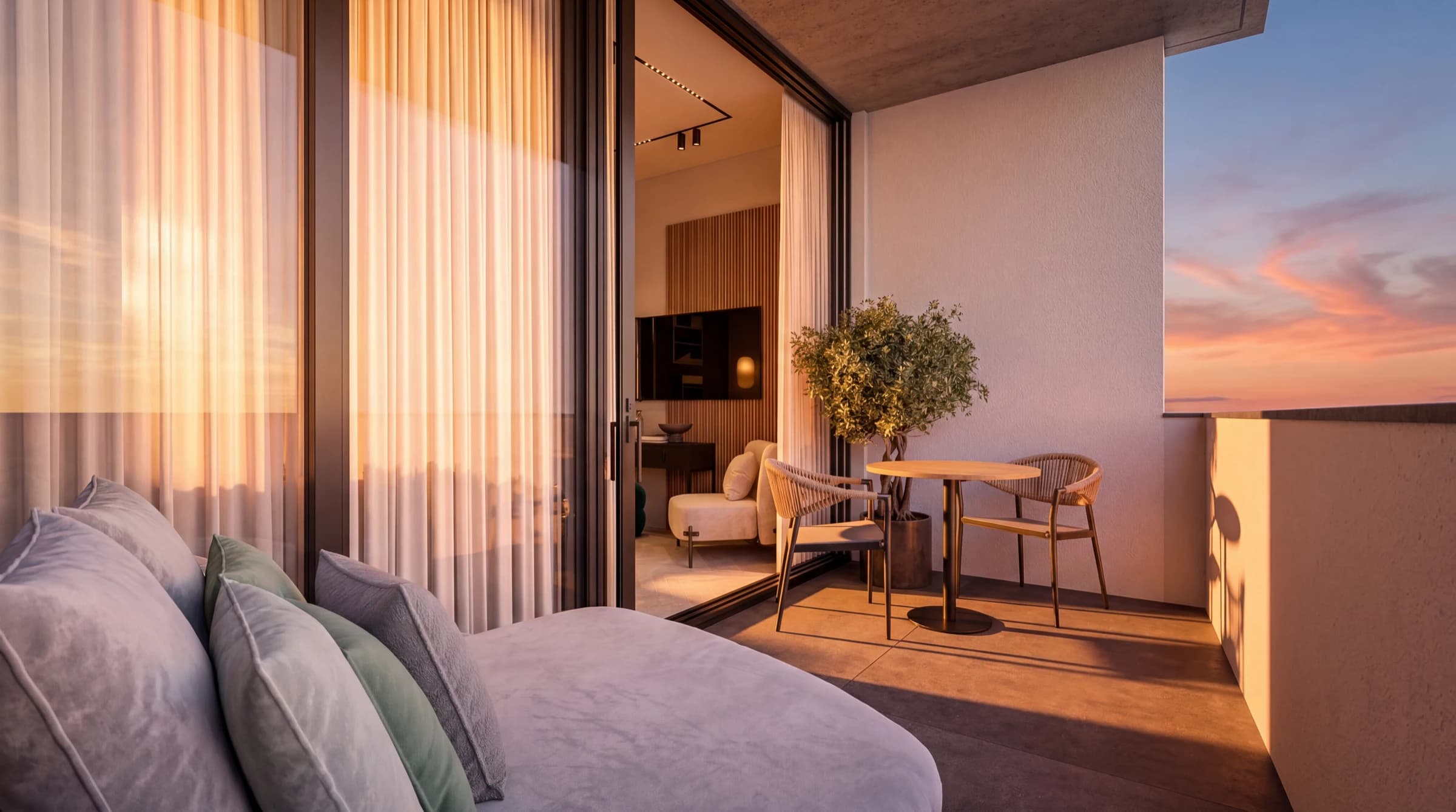 Sunset light on the private balcony of a sea-view suite at Poseidon