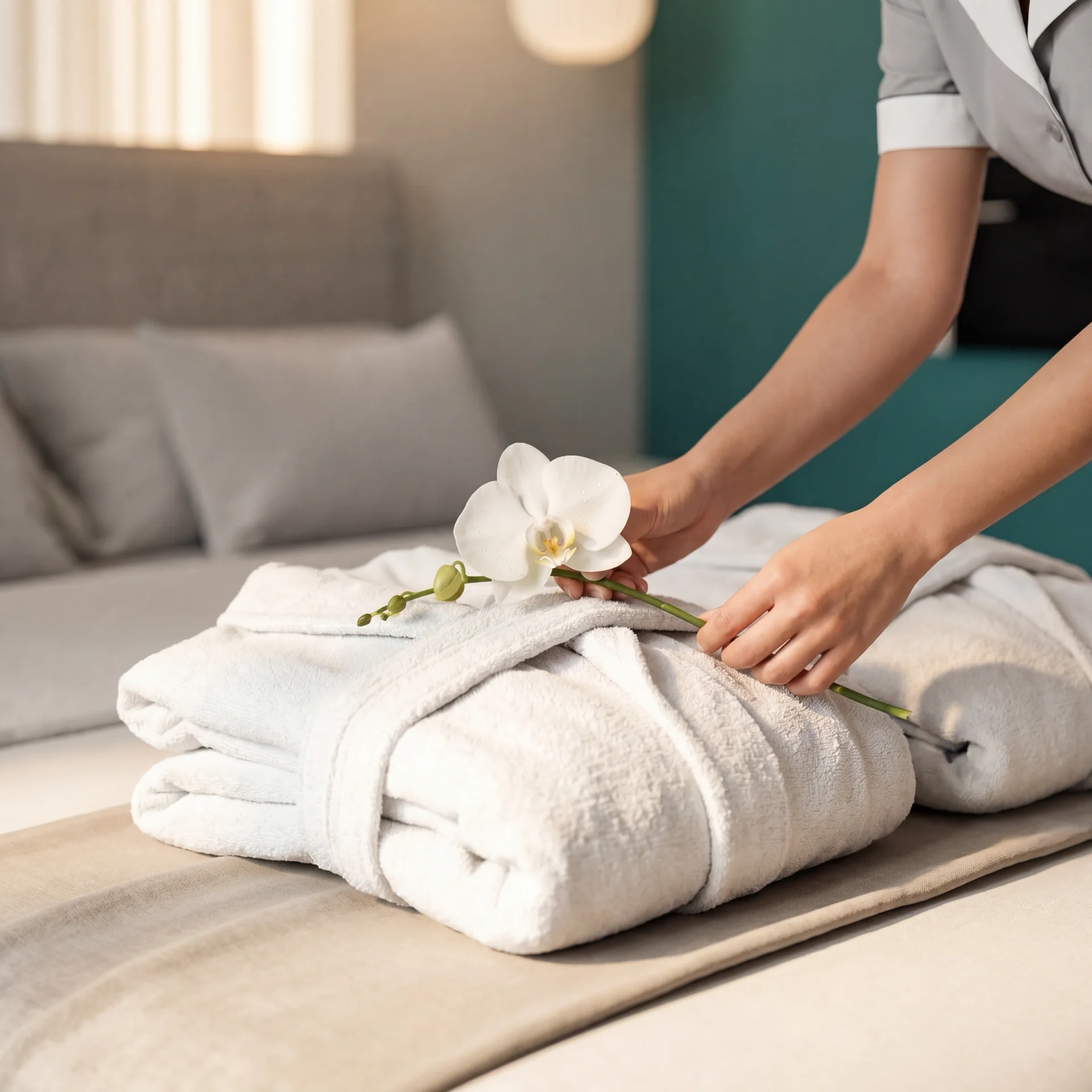 Housekeeper placing a fresh orchid on folded robes in a Poseidon bedroom